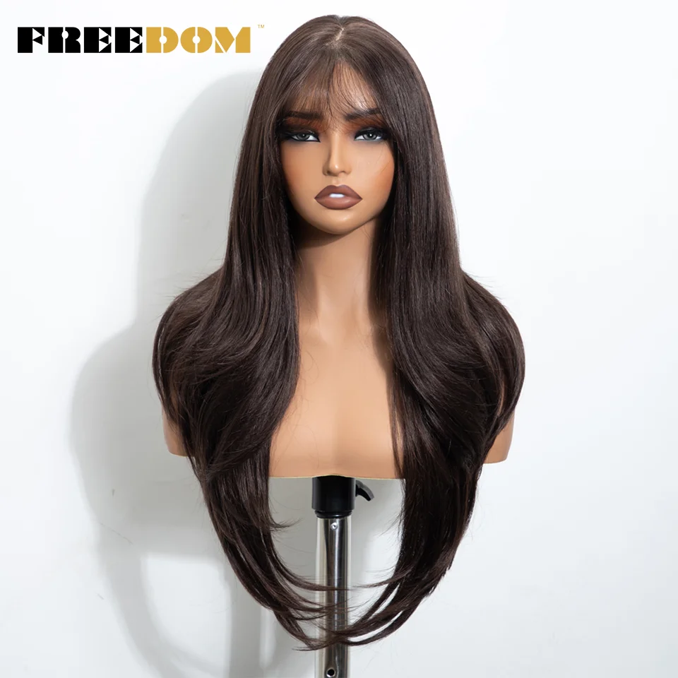 FREEDOM Synthetische Lace-Front-Perücken für Damen, 6x4 Lace-Perücke mit vorgezupfter Haarlinie und Pony, 26 Zoll, Ombré-Braun, einfach aufzusetzen, ohne Klebstoff, für den täglichen Gebrauch. – Detail 3