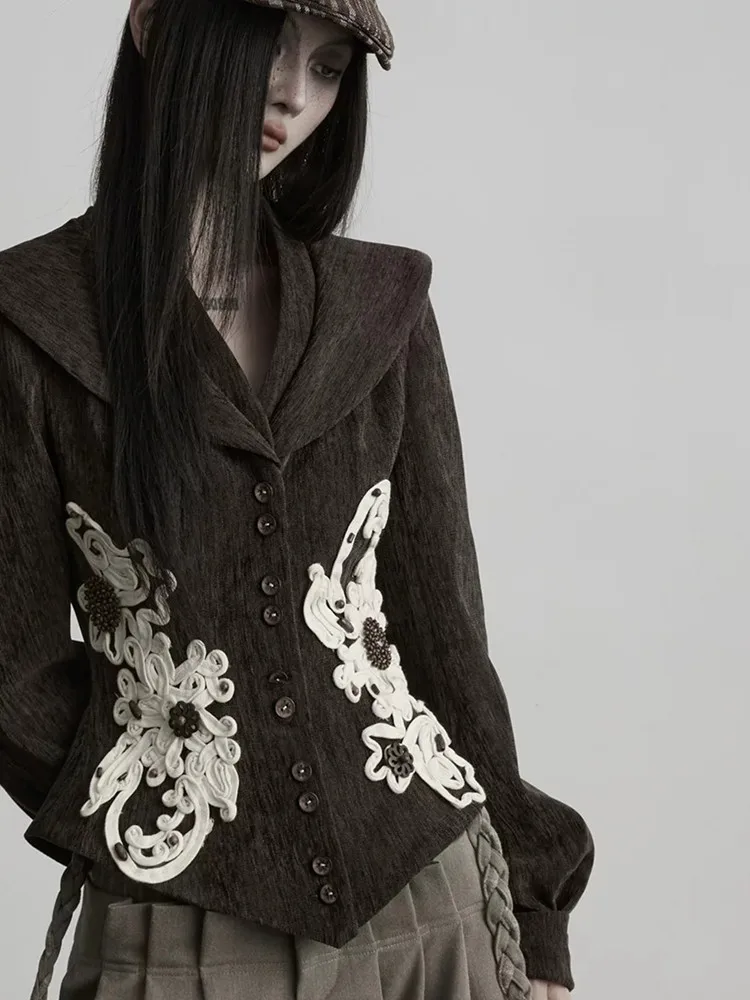 88-96cm Bust Autumn Short Coats Women Vintage Cropped Equestrian Jacket Wide Lapel Heavy-Duty Cord Embroidery Cinched Waist Tops