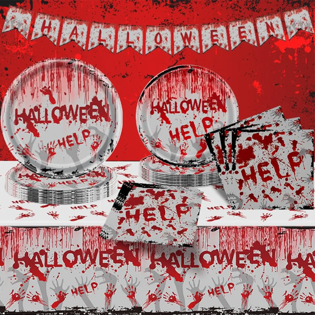 Halloween Party Supplies Scary Bloody Hand Print Disposable Paper Plates Napkins Tablecloth Tableware for Halloween Party Decor