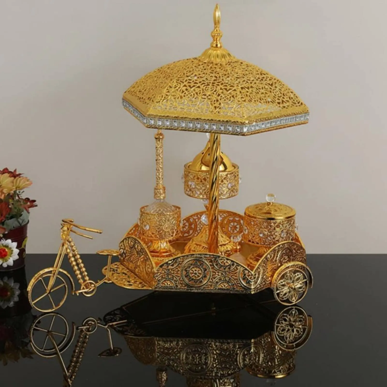 6 Pieces Ornate Two-Wheeled Incense Burner Decorative Gold Incense Set Bukhoor Burner Stable Base Lid Design