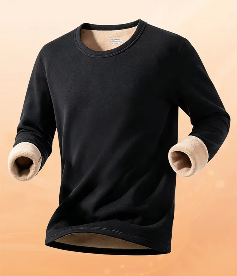 Herren Langarm-T-Shirt, Fleece-gefüttert, Verdickter Samt, Warm, Rundhals, Einfarbig, Dehnbares Basis-Shirt, Lässiges Winter-T-Shirt 6XL – Detail 7