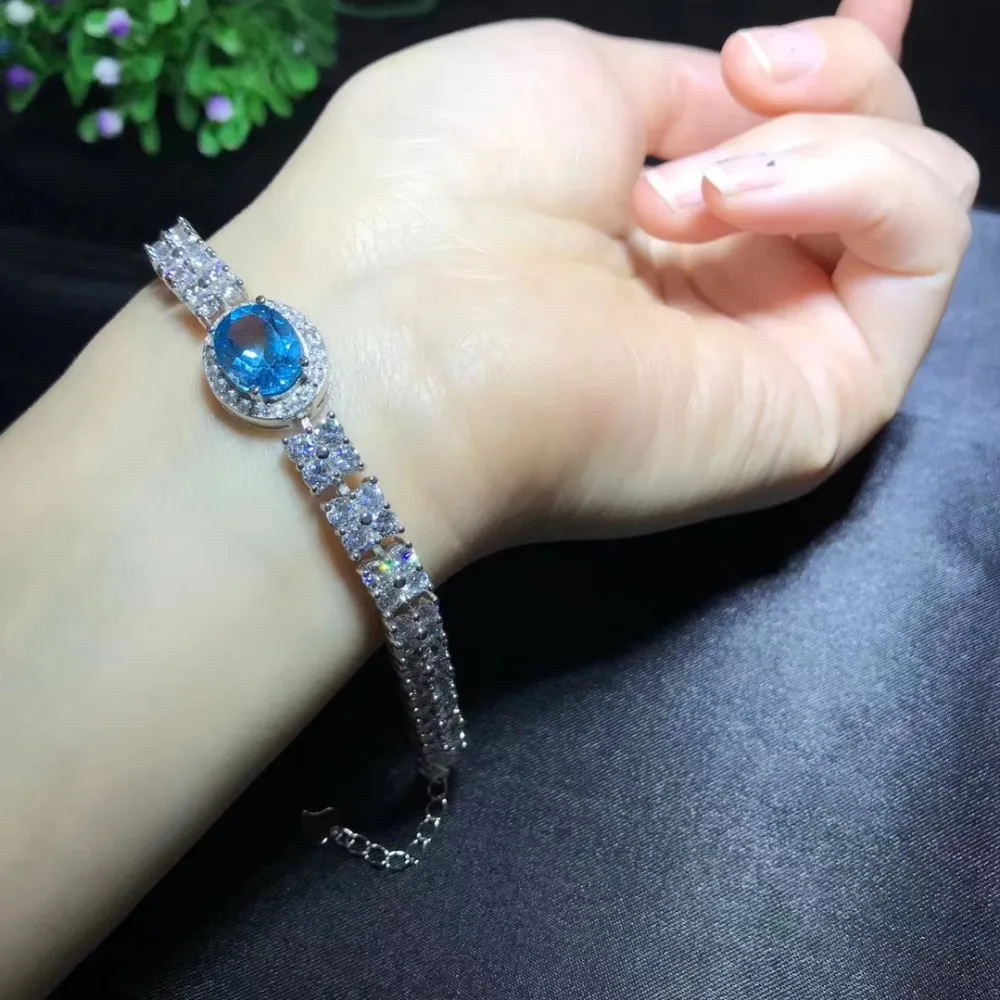 

Natural Blue Topaz Bracelet Gemstone Bracelet S925 Silver Elegant Luxurious Chain Watch Women Party Gift Jewelry