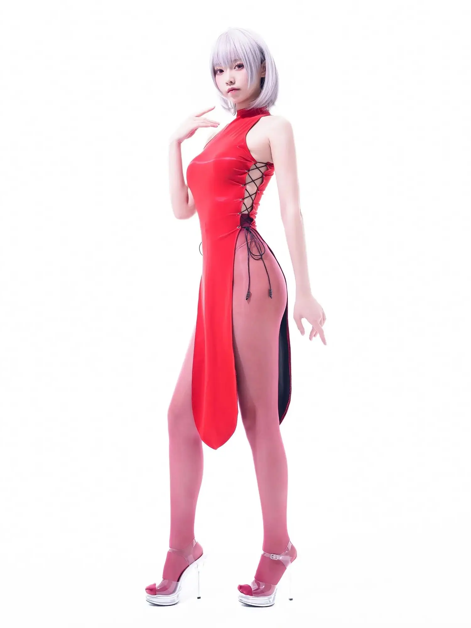 Eleganckie sukienki Cheongsam seksowna boczna bandażowa drążą damskie skórzane sukienki wysokie rozcięcie klub nocny błyszcząca sukienka ubrania taneczne moda