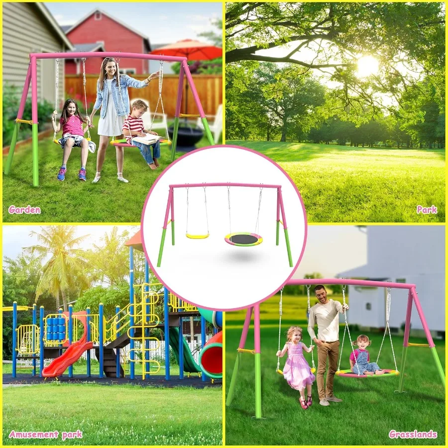 مجموعة أرجوحة خارجية معدنية شديدة التحمل لملعب الفناء الخلفي مع سعة أرجوحة حامل تصل إلى 440 رطل تتضمن مقعد واحد 32 و