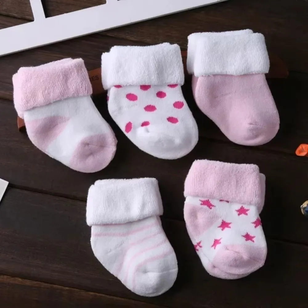 5 Pairs Cotton Short Socks Pink Blue Non-Skid Design Floor Stocking Polka Dot Stars Breathable Winter Socks for 0-3 Years Old