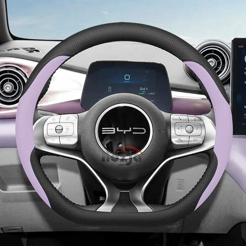 Leather Car Steering Wheel Cover for BYD Dolphin Mini Atto 1 2023 2024 2025 No Need To Sew Accessories By Hand