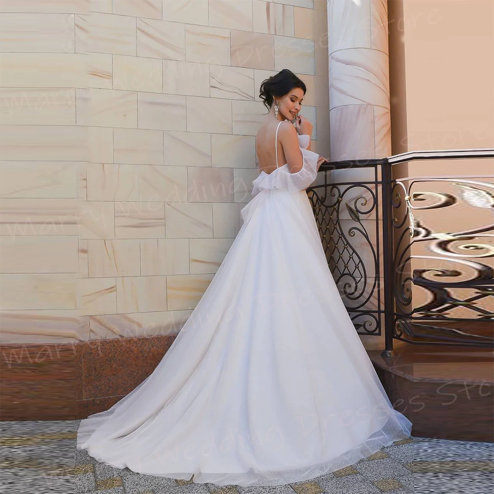 Elegancka linia damskie suknie ślubne piękne aplikacje koronkowe suknie panny młodej seksowne paski Spaghetti Backless Vestidos Novias Boda