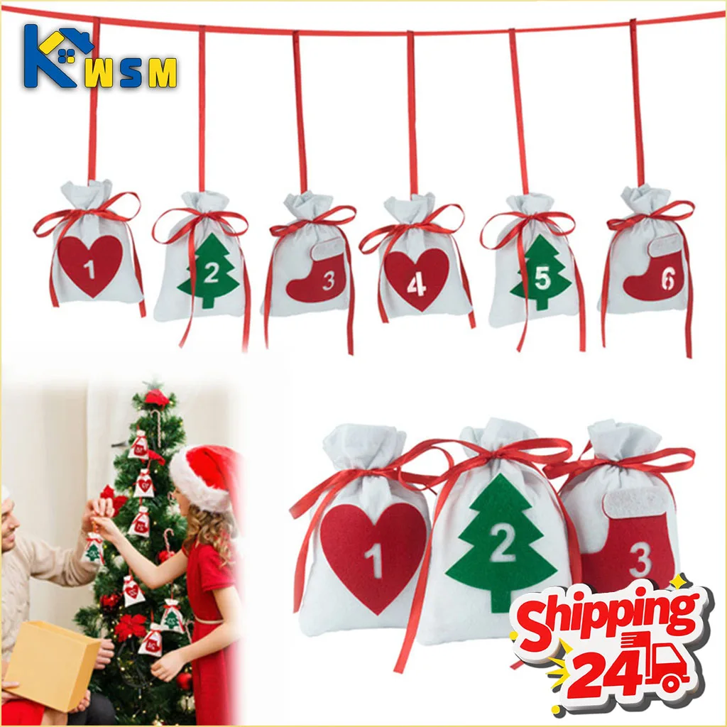 24-teiliges Filztaschen-Set mit Weihnachtskranz und Kordelzug, Adventskalender, Countdown-Beutel für Feiertage, Süßigkeiten, Leckereien, Party-Dekoration