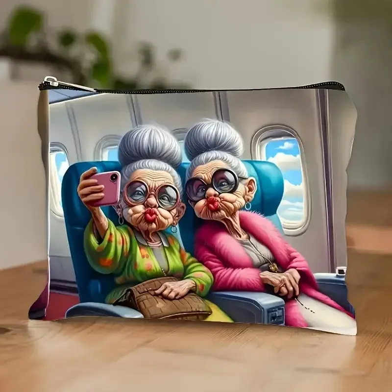New Fun Elderly Woman Pattern Printed Canvas Makeup Bag Student Pencil Case Portable Toiletry Bag Toilet Bags Canvas Bags