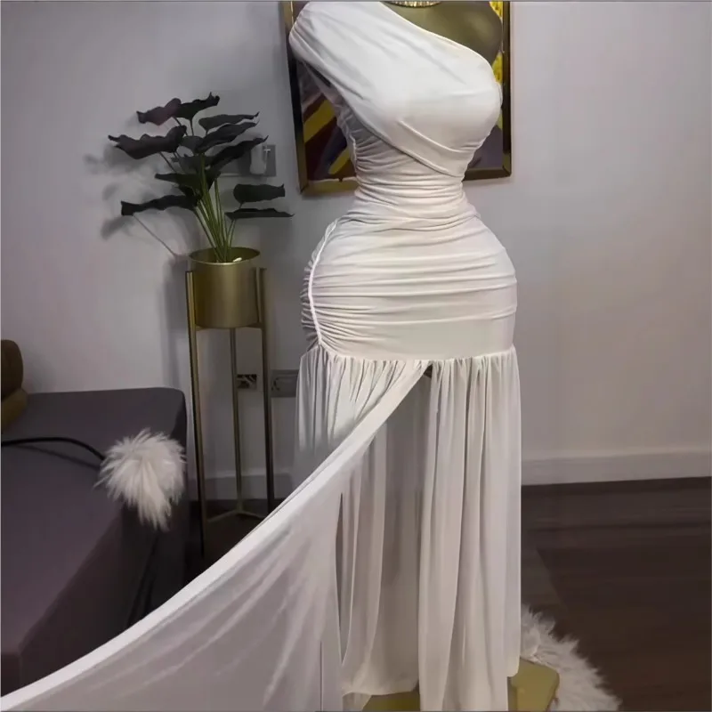 Women Long Dress Elegant Summer Sleeveless Slope Neck Pleated Slim Fit Slit Party Dresses One Shoulder High Waist Evening Dress