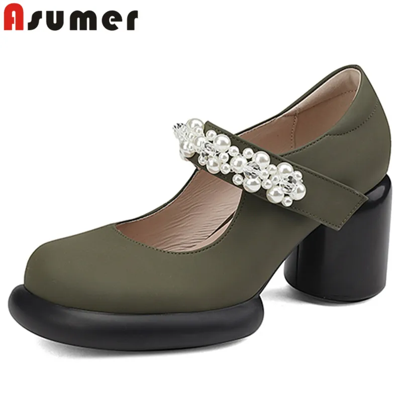 

ASUMER 2024 New Top Quality Genuine Leather Shoes Woman String Bead Ladies Dress Pumps Thick High Heels Platform Shoes