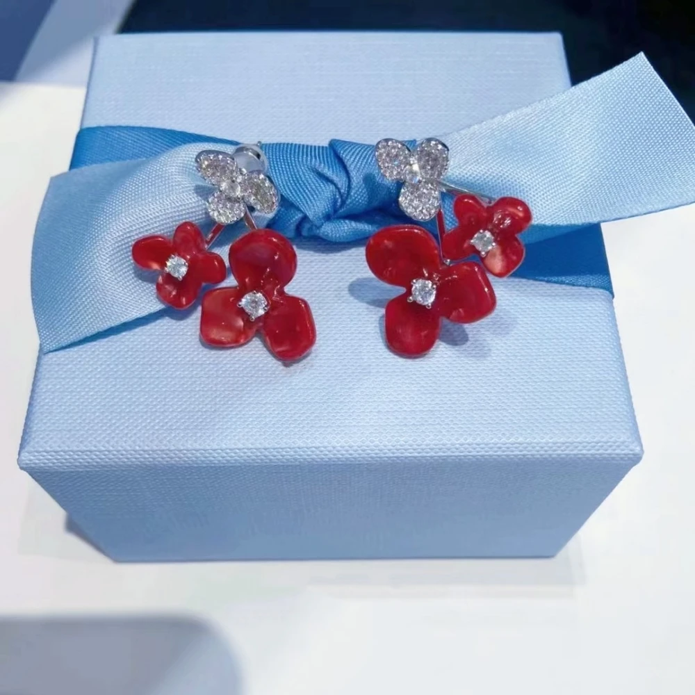 Red Iris Square Sugar Earrings Can Be Disassembled Two Classic Wearing Color Matching Beautiful Exquisite