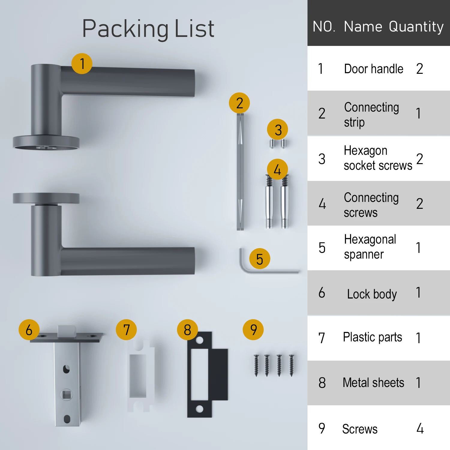 VERQNI MANIGLIE & ACCESSORI HRAG-238 Modern Matte Dark Grey Mute Aluminium Lever Door Handle Lock Set Interior Main Door