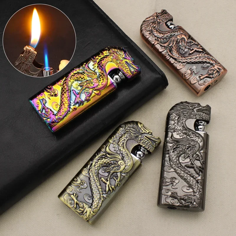 New 3D Dragon and Snake Relief Metal Inflatable Lighter Windproof Double Flame Convertible Butane Gas Lighter Men\'s Gift