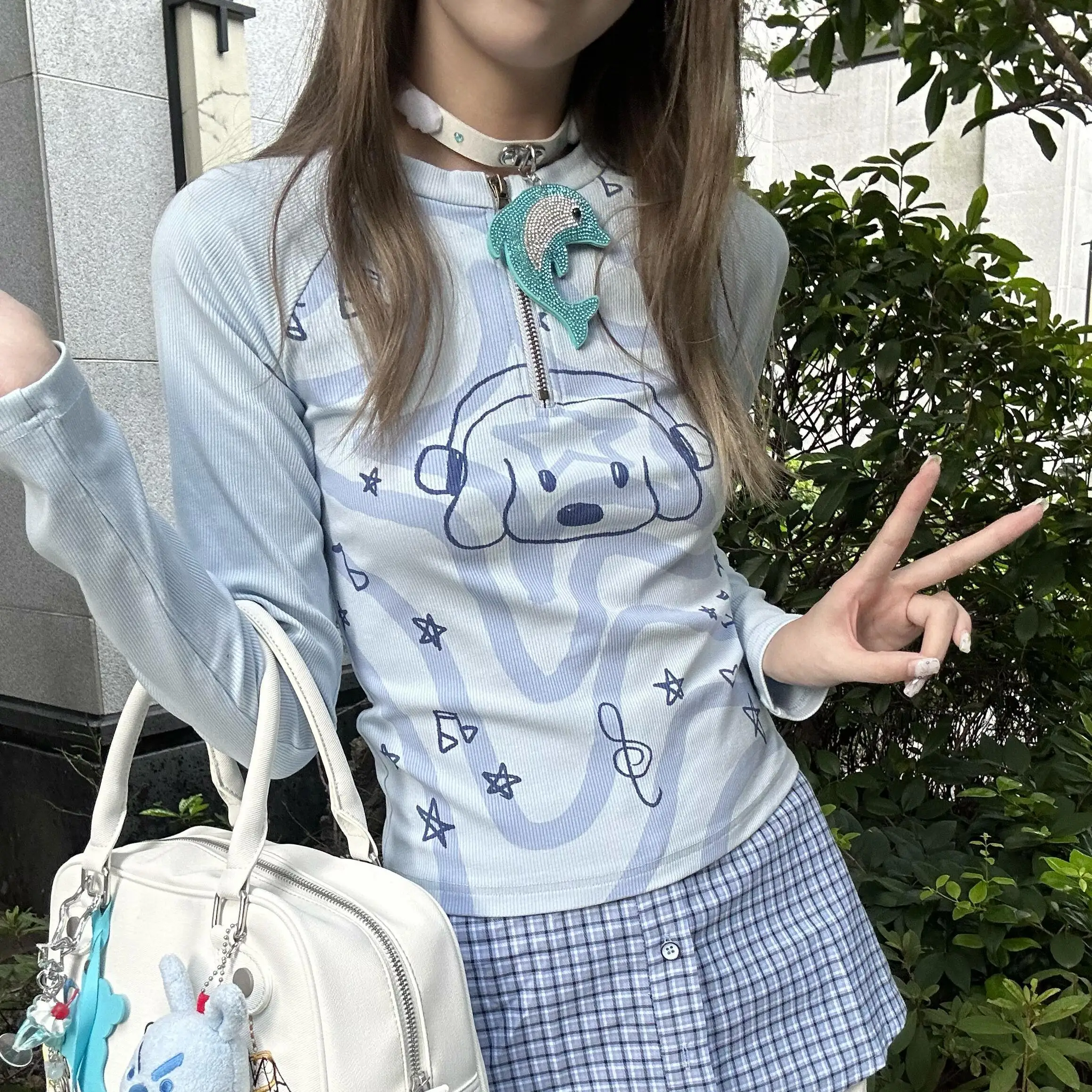Kimotimo 子犬プリント Y2k Tシャツ女性 2025 春偽二枚ジッパー原宿トップスグランジ美的長袖カジュアル Tシャツ