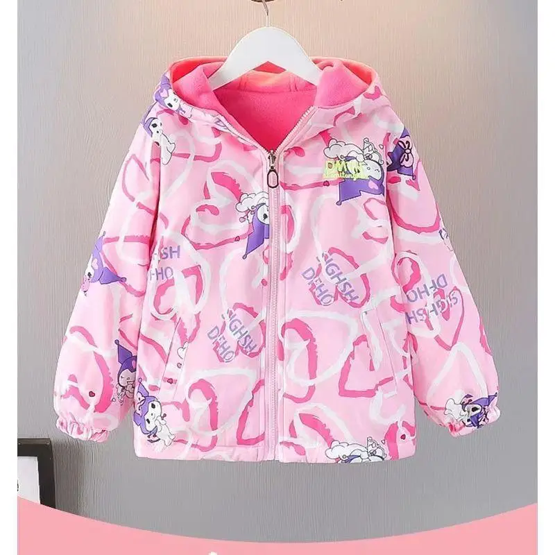 Kuromi Sanrio Kids Spring Jackets Anime Thicken Warm Coat Cartoon Long Sleeve Hoodie Cute Cardigan Outdoor Jackets Girl Gift