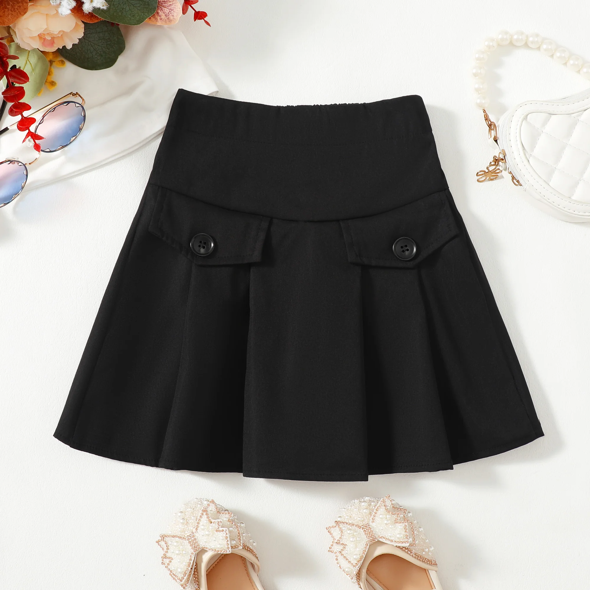 Baby Girls Elegant Cute Solid Color Skirt Casual High Waist Pleated Skate Skirt Suitable For All Seasons and  Occasions