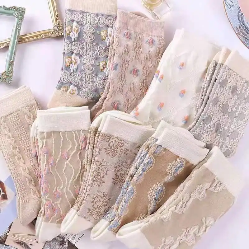 

9 пар женских носков в стиле «царский двор», с художественным рельефным цветочным узором, длинные, для девочек