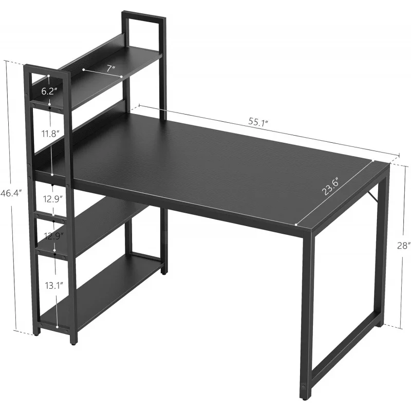 Mesa do computador reversível com as prateleiras do armazenamento de 55 polegadas, escrevendo a tabela com a estante para a casa e o escritório, moderno e simples