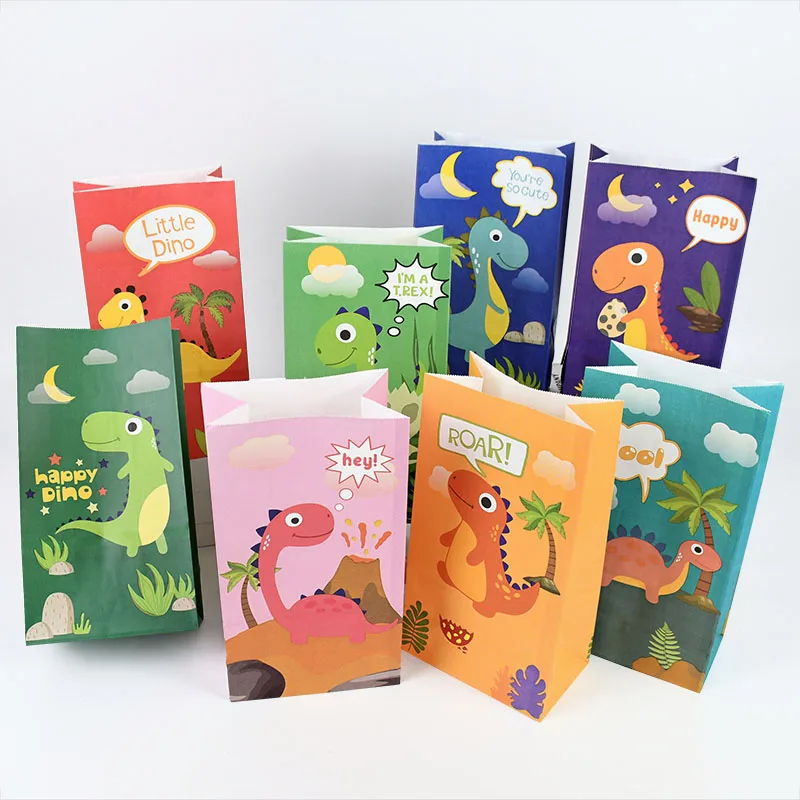 12Pcs Cartoon Dinosaur Candy Bags With Stickers Cookies Gifts Packaging Paper Bags For Kids Dino Theme Birthday Party Decoration