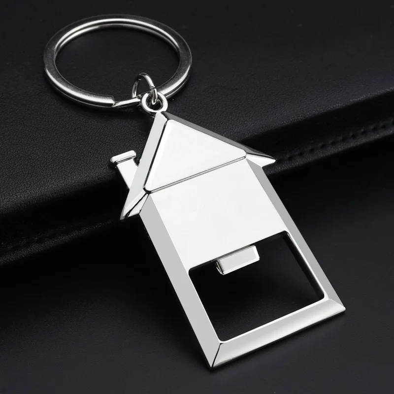 Personalized Logo House Shaped Bottle Opener Keychain, Custom Engraved Metal Beer Opener with Key Ring, Promotional Gift