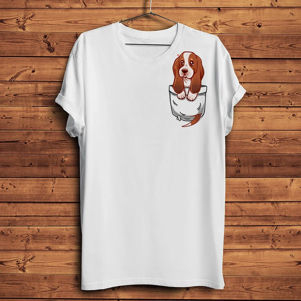 Cute Basset Hound Dog Puppy in Pocket Funny 3d Tshirt Men,White Casual Short Sleeve T Shirt,Unisex Streetwear Tee Breathable