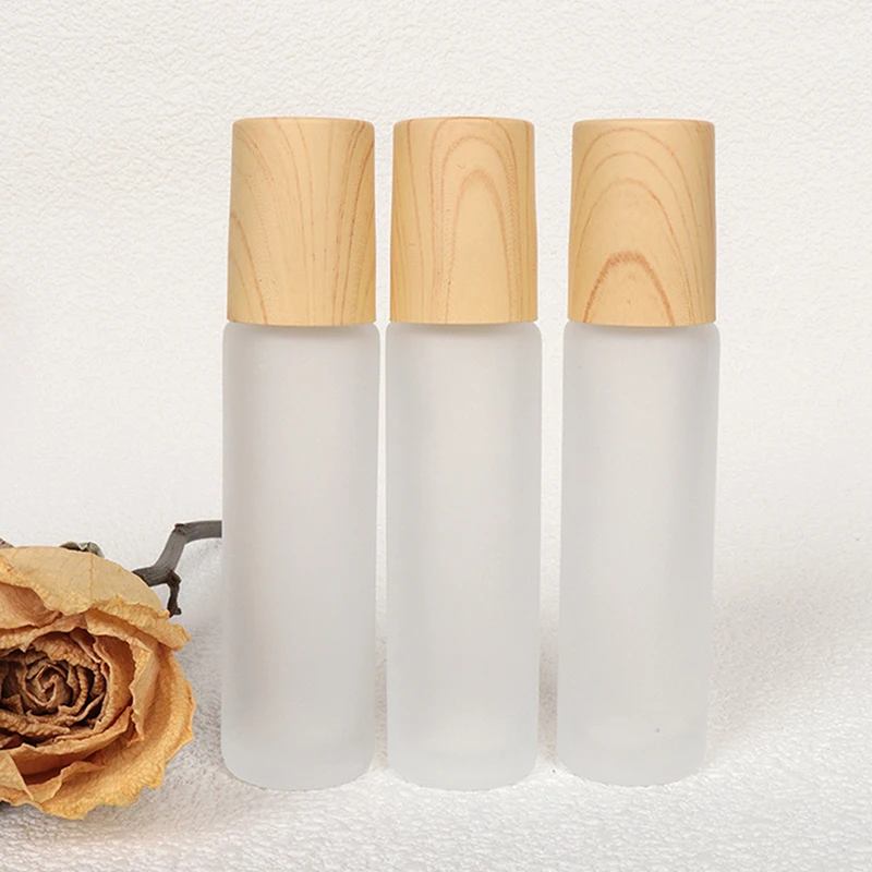 5ml10ml Frosted Glass Roller Bottle Wood Grain Plastic Cap For Essential Oils Roll-On Bottle With Stainless Steel Roller Ball