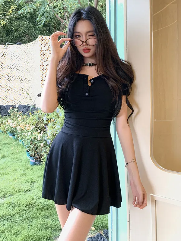 

Sexy V-Ne ort Sve One-Piece Swimsuit A-Line Skirt Sle Slimming Thermal Vaion Resort Swimwear for Women