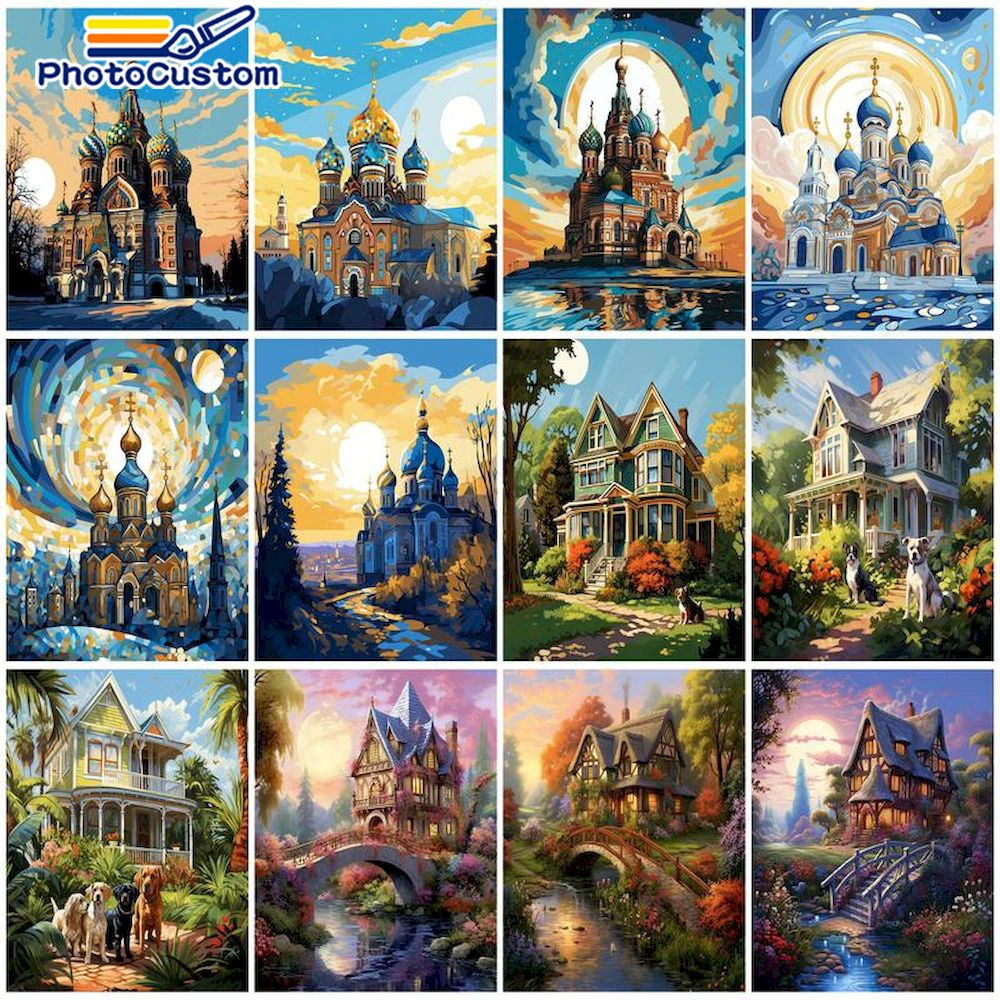 

PhotoCustom Oil Paint By Numbers Scenic Castle DIY Kits For Adults Picture Drawing Acrylic Paint Coloring By Number Home Wall De