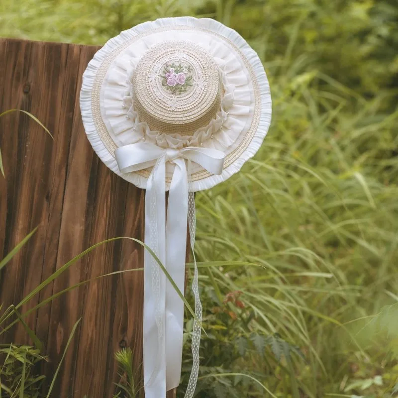 Original feito à mão doce lolita laço chapéu de palha elegante feminino vintage vitoriano flor fita bandagem chá festa mori menina boné plano
