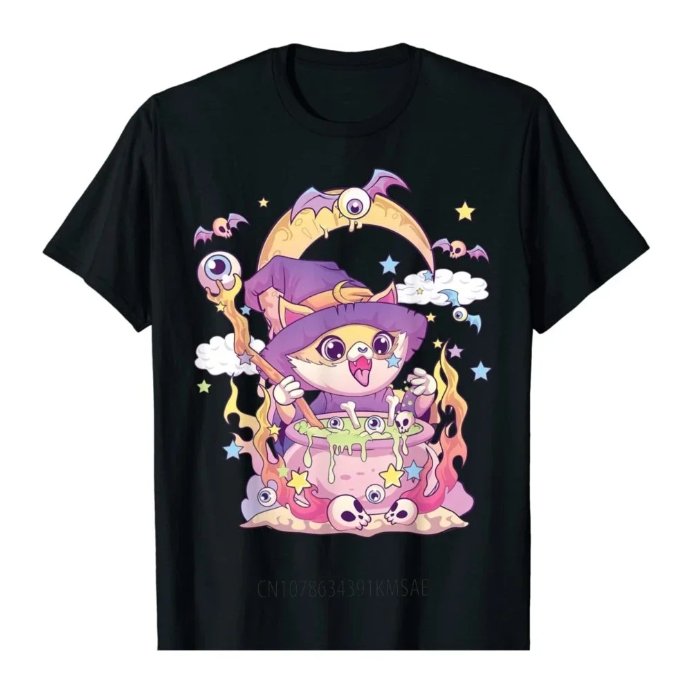 Pastel Goth Wiccan Cat Cute Creepy Witchy Cat and Skull T-Shirt Halloween Vintage Women Hombre Printed T Shirt Men Clothing