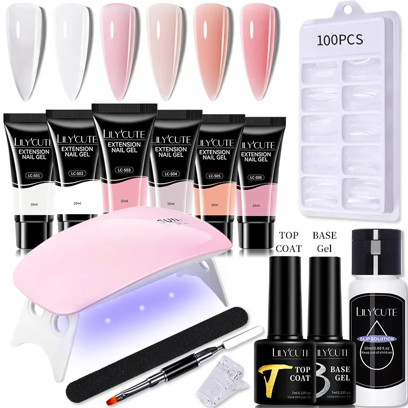 LILYCUTE 14PCS Manicure Set Extension Nail Gel With 6W UV Lamp Dryer Semi Permanent Finger Extend Professional Nail Art Tool Kit