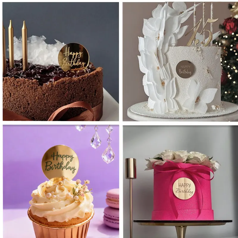 5pcs 1 Set Happy Birthday Cake Toppers Decoration Round Gold Acrylic Kid's Party Gift Cupcake Topper Baking Supplies Baby Shower