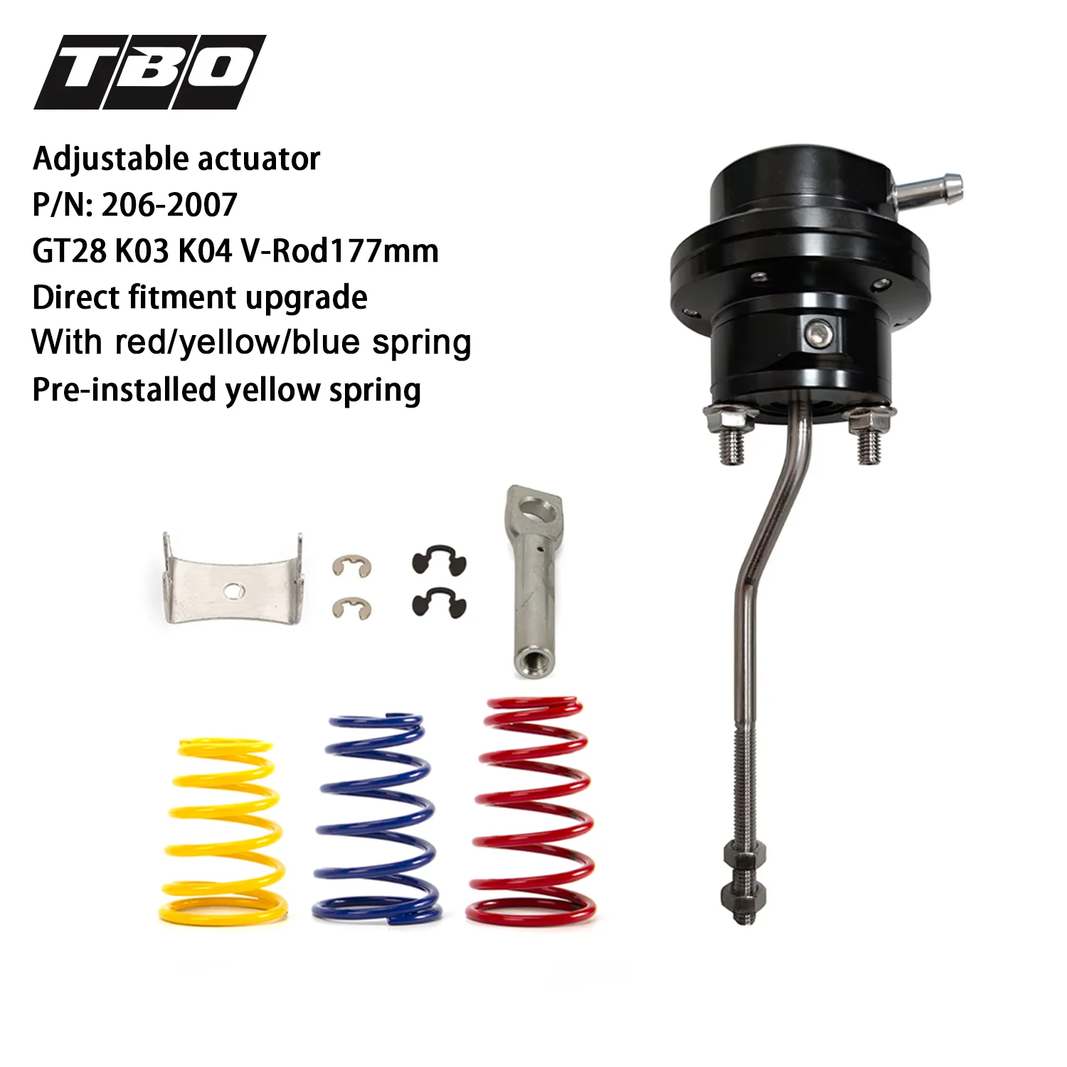 

Turbo Wastegate Adjustable Actuator V-Rod177mm For GT28 K03 K04 Turbo Direct Fitment With Green/Yellow/Blue Spring