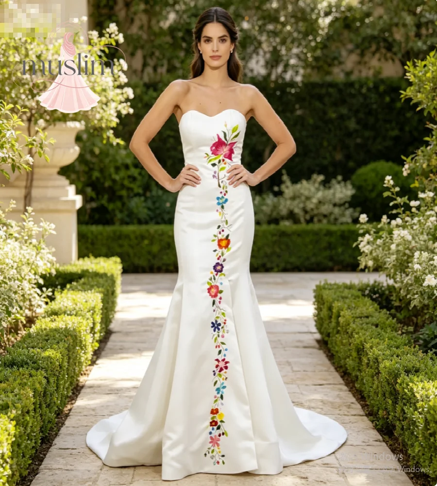 Colorful Floral Embroidery Mexican Wedding Dress Soft Satin Mermaid Boho Garden Bridal Gowns Floor Length Folkloric Engaement