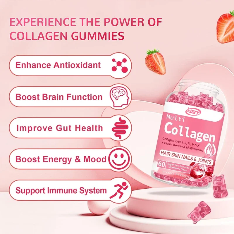 Sugar free collagen gummies, containing biotin, seaweed, vitamin C, zinc, for hair, skin, nails, muscles,and joints -60 capsules