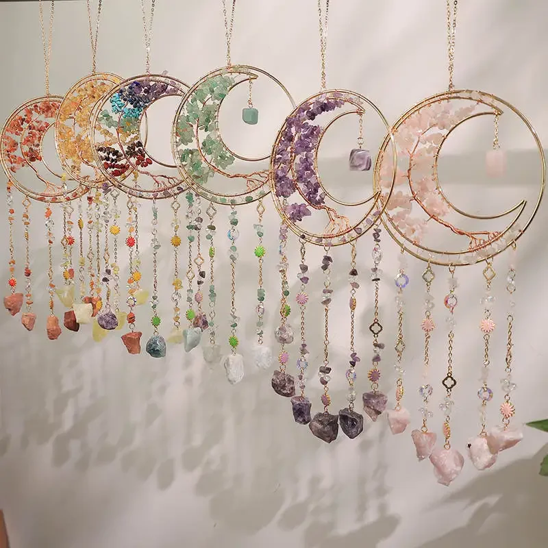 Crystal Gemstone Tree of Life Suncatcher Natural Stone Sun Catcher Dream Catchers Moon Hanging Wind Chimes Home Room Decor Gift
