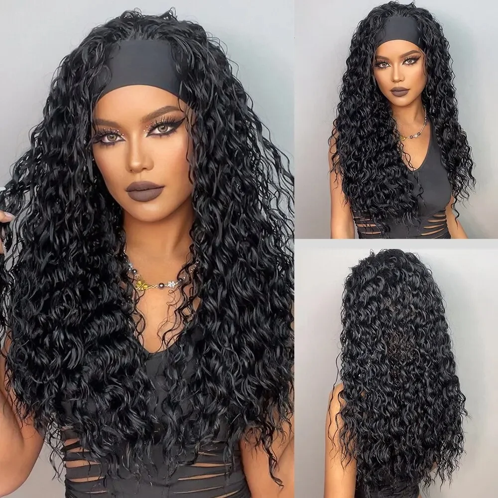 MEODI HAIR Curly Headband Synthetic Wigs Black Long Women Headband Wig Deep Water Wave Natural Hair For Black Women Fake Hair