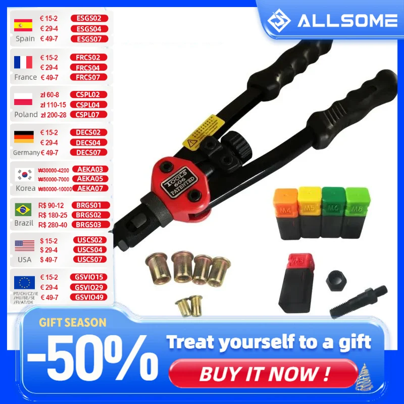 ALLSOME BT-606 RIVET NUT เครื่องมือตาบอด Riveter Hand Riveter Rivet Gun 5เมตริก Mandrels 50Pcs Rivnuts