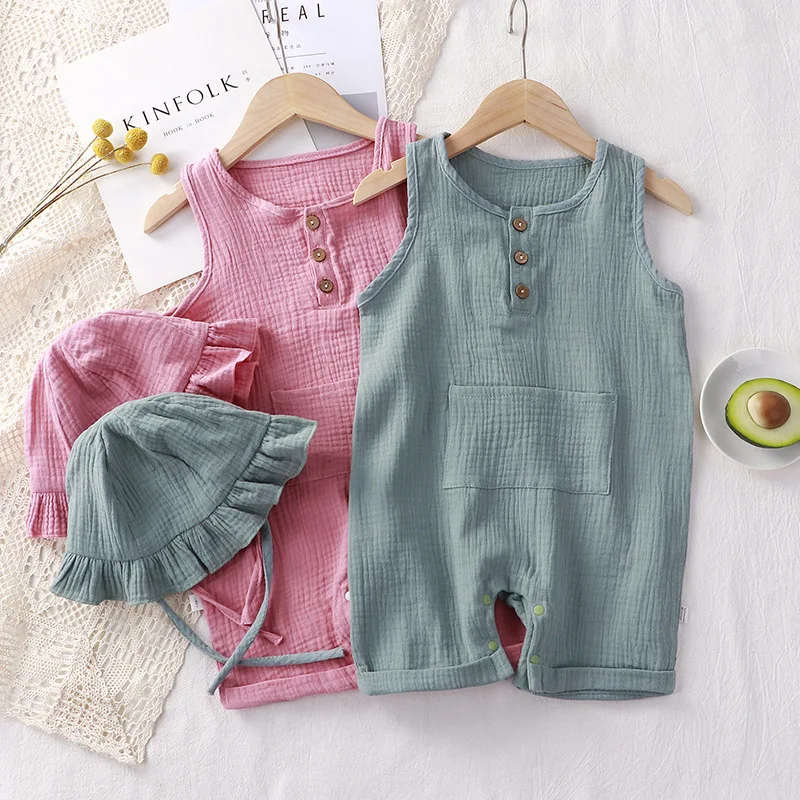 

2Pcs Summer Solid Newborn Baby 100% Cotton Linen Bodysuits Boy Girl Sleeveless Romper Jumpsuit Soft Skin-friendly Thin Comfy