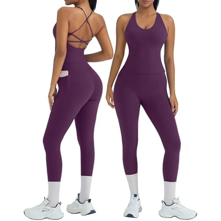 

2 Pcs Workout Sets for Women Padded Workout Tops Booty Leggings with Pockets Gym Sets