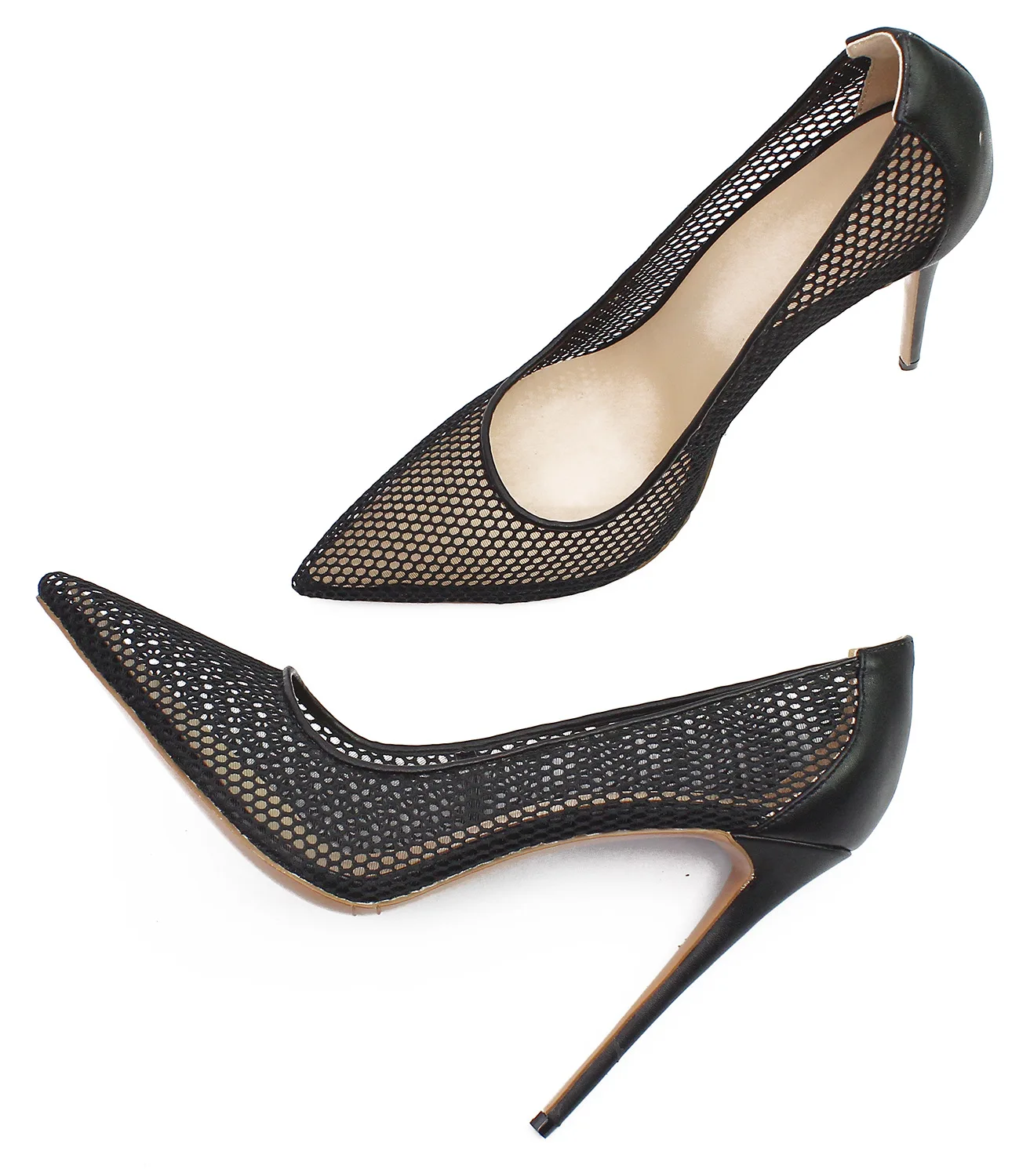 New pointed mesh 12cm black high heels for women, comfortable, slim and stylish, plus size sexy single shoes