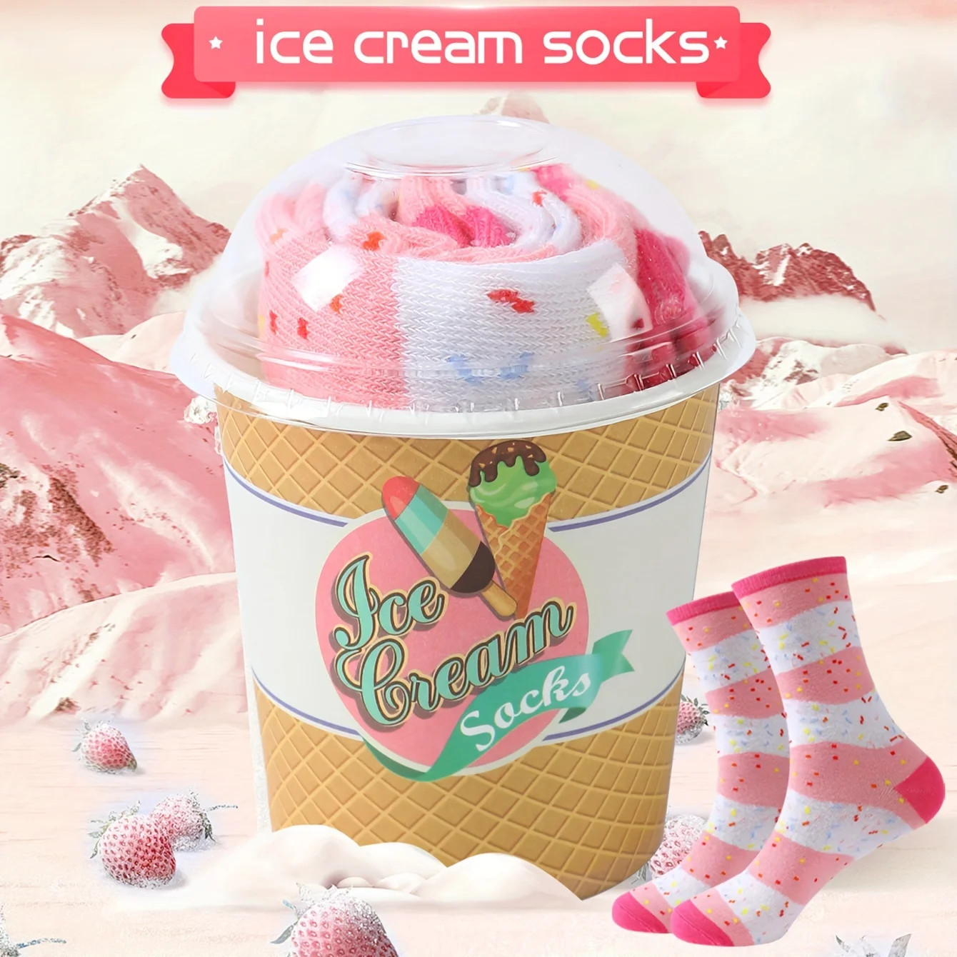 1 pair of stylish, unique and interesting ice cream pattern gift socks for men and women, suitable for all seasons