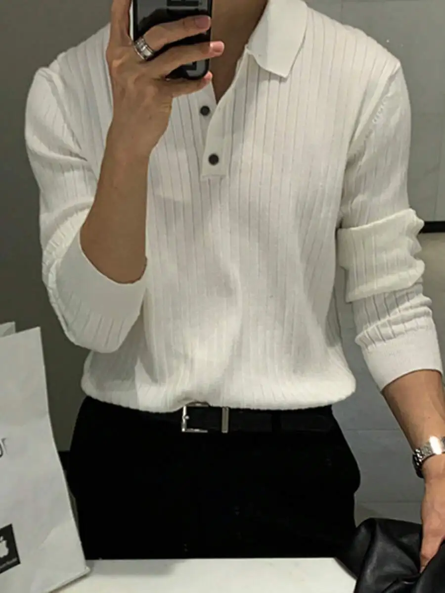 

Men's White Ribbed Knit Long Sleeve Polo Shirt, Casual Fit for Fall