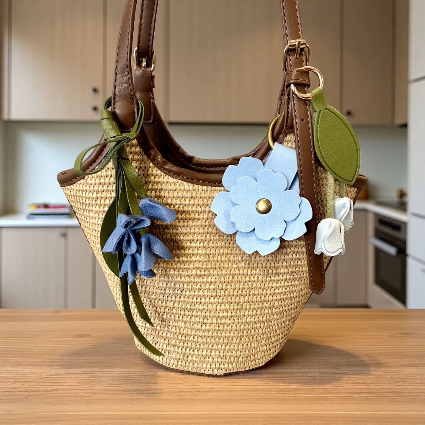 Blue Theme Floral Pu Leather Keychain/Bag Charm-Blue Flower Purse Charm Car Hanging Decor-Unique Calming Aesthetic Gift For Bag