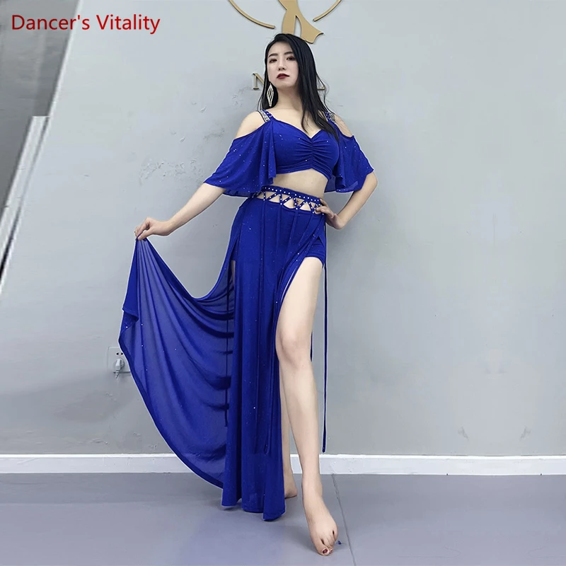 Belly Dance ชุดผ้าฝ้ายครึ่งแขน Horn Top + กระโปรงยาวแยก2Pcs สำหรับสุภาพสตรีเต้นรำประสิทธิภาพชุดหญิง