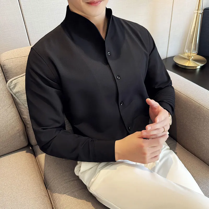 Formal Shirts for Men Party Luxury Men Designer Shirt Long Sleeve White Collarless Sexy Blouses Solid Color Camisas Homme 2024