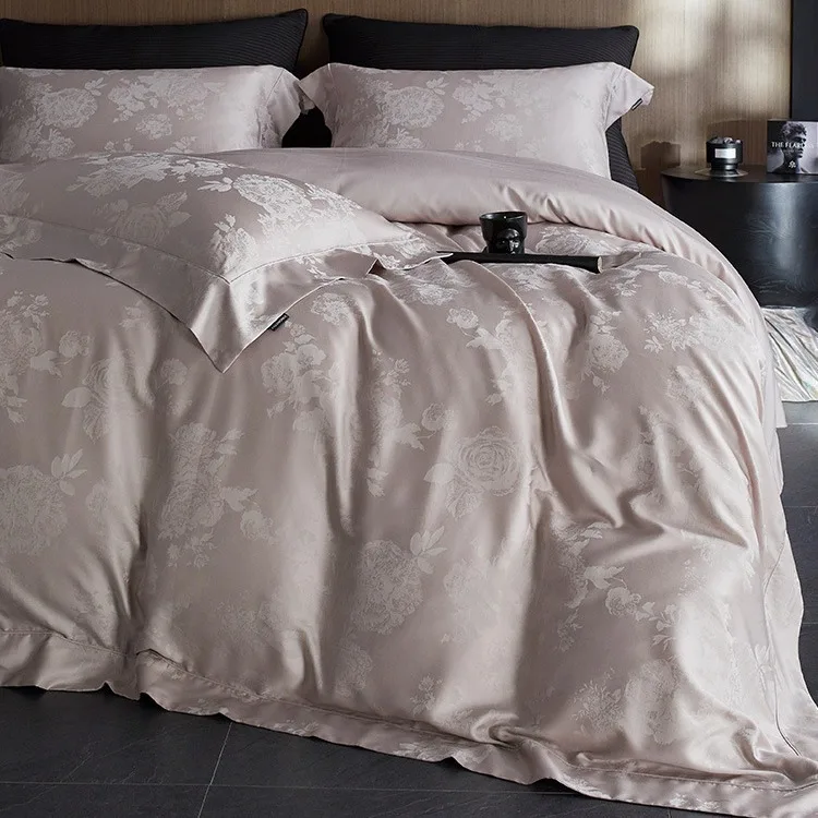 Spring and summer high-grade cool Tencel cotton four-piece set, light luxury jacquard silky smooth wide-edge quilt cover, bed