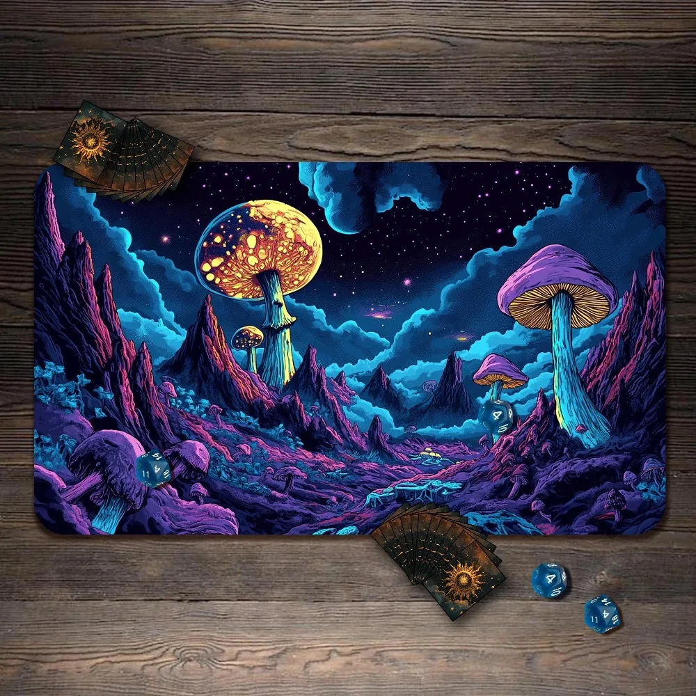 TCG Playmat, Fungalkeep Theme, TCG Playmat with Zone Neon Glowing Giant Mushrooms Alien Mountain Starry Night Sky