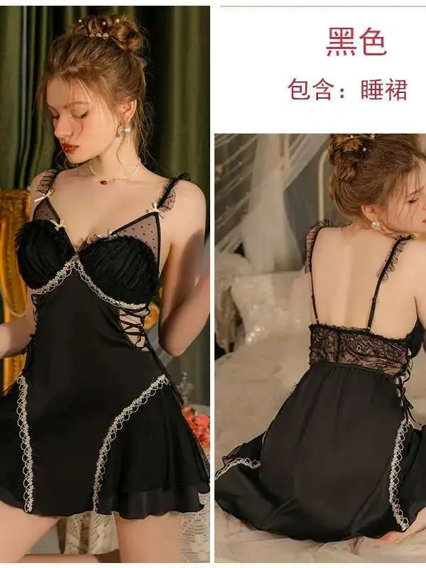 セクシーなアイスシルクパジャマメッシュ視点誘惑胸クッションストラップ睡眠スカートアウターローブホームドレス快適な LB0U